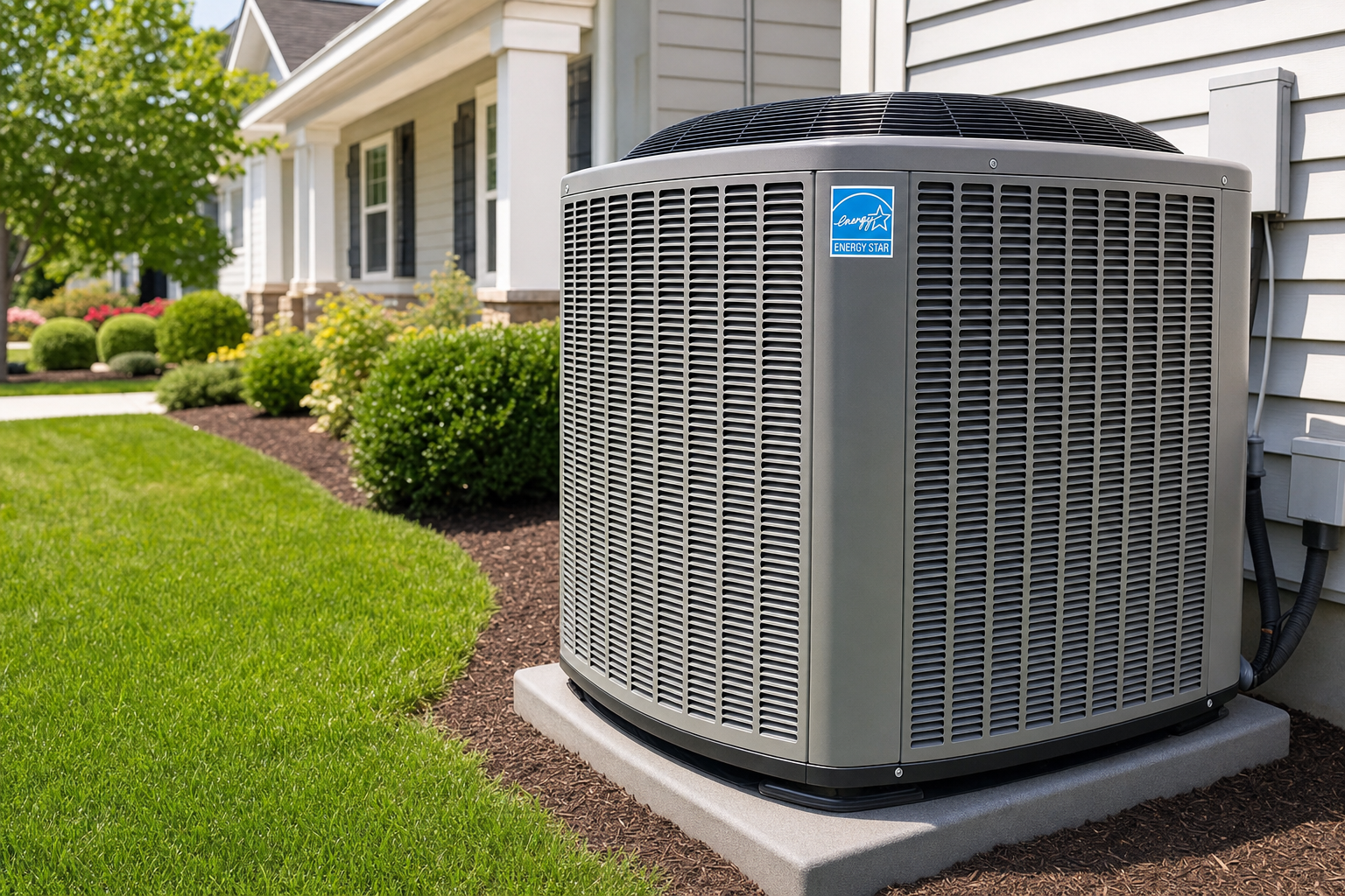 Energy-efficient central air conditioner installed beside a home