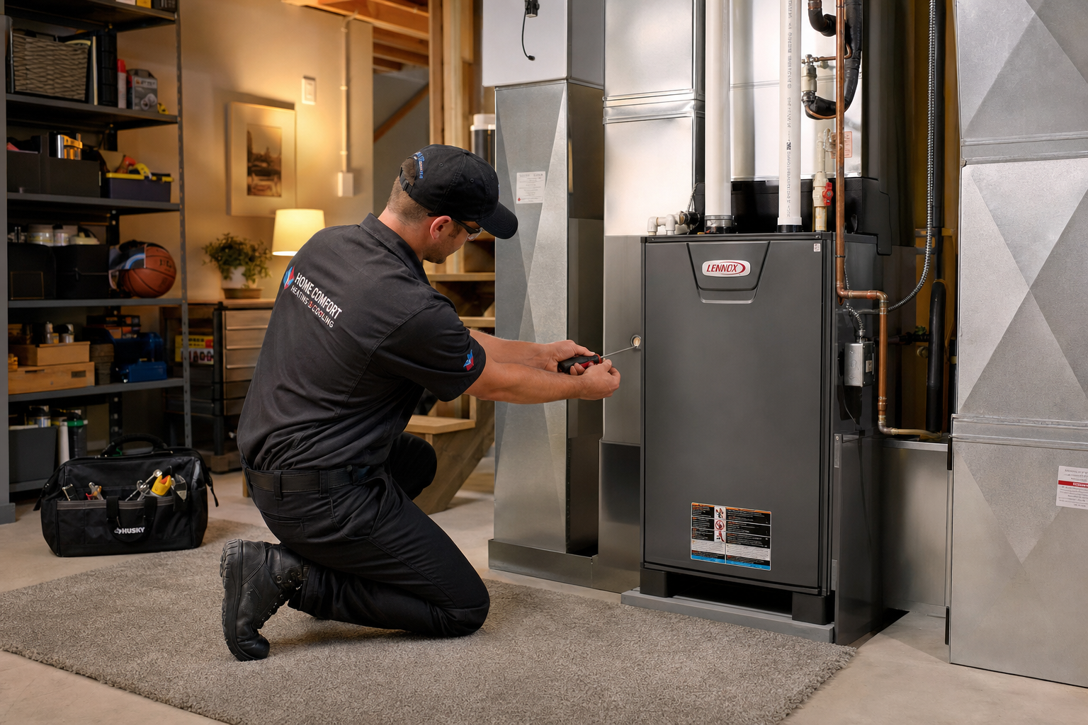 Technician servicing a high-efficiency residential furnace