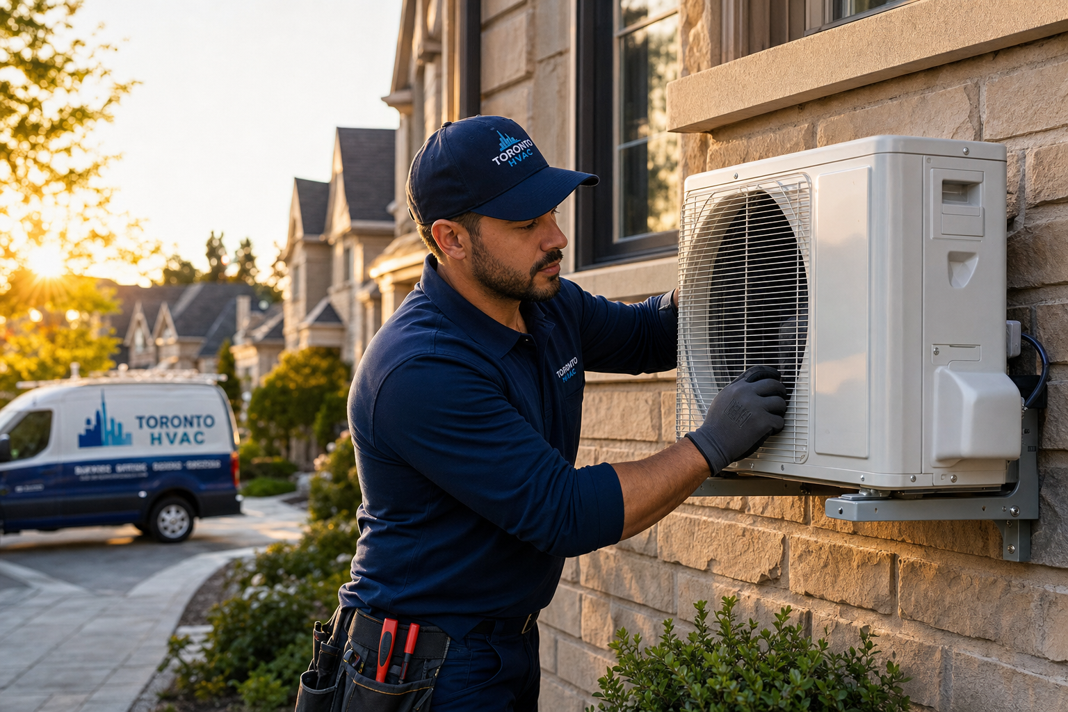Alfa Energy technician installing an air conditioning unit at a Toronto home
