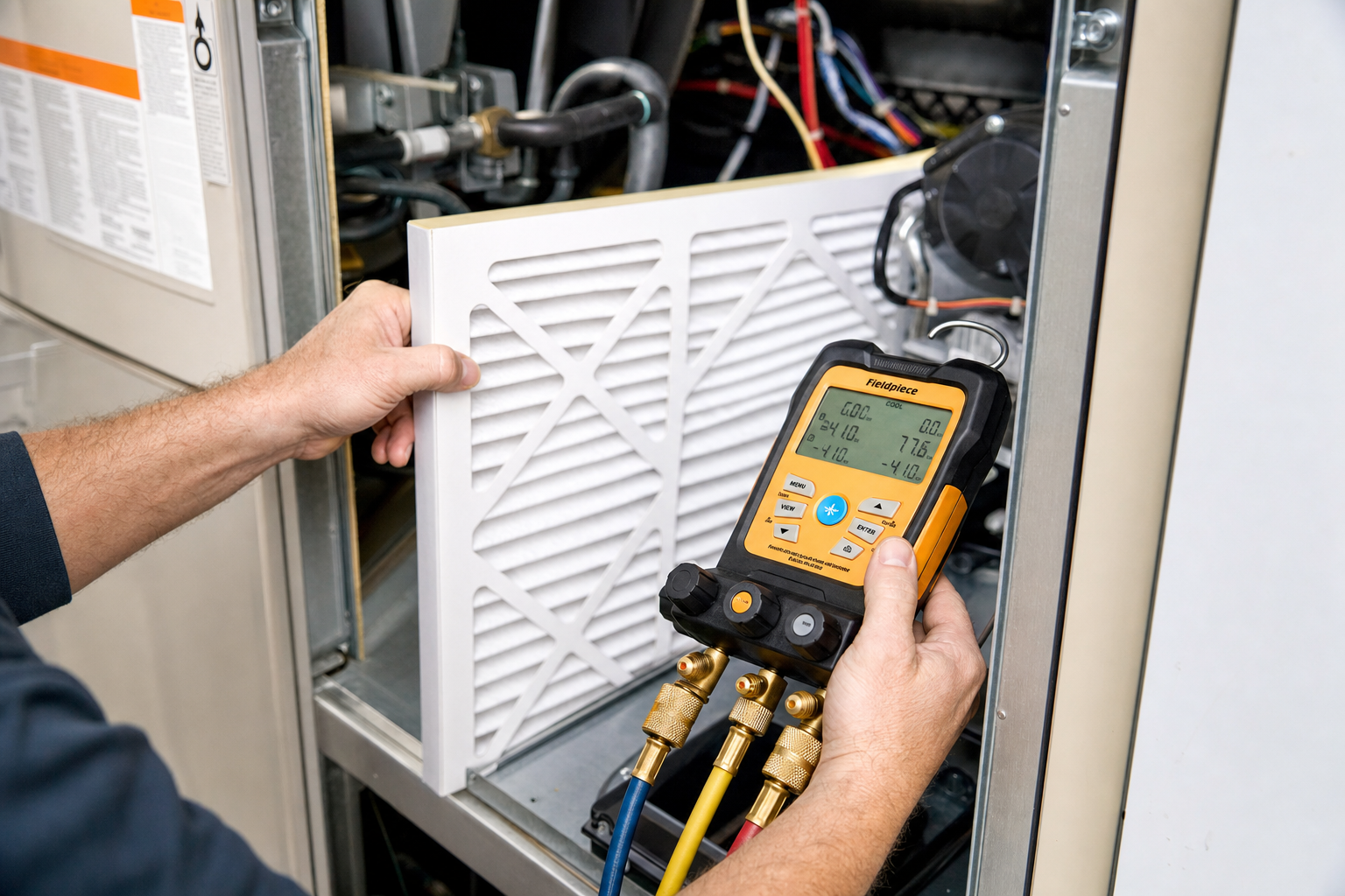 HVAC technician performing maintenance with a digital diagnostic gauge
